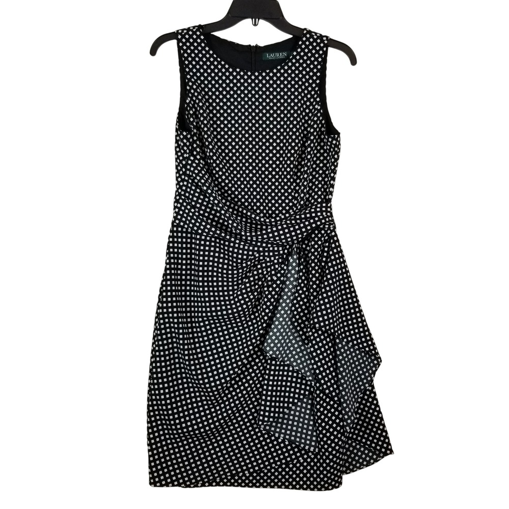 Lauren Ralph Lauren Black White Diamond Print Faux Wrap Ruffle Sheath Dress 6